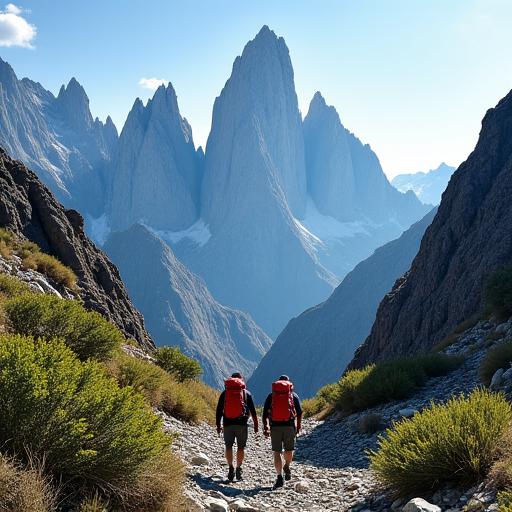Hikers trekking through the mountains of Patagonia.