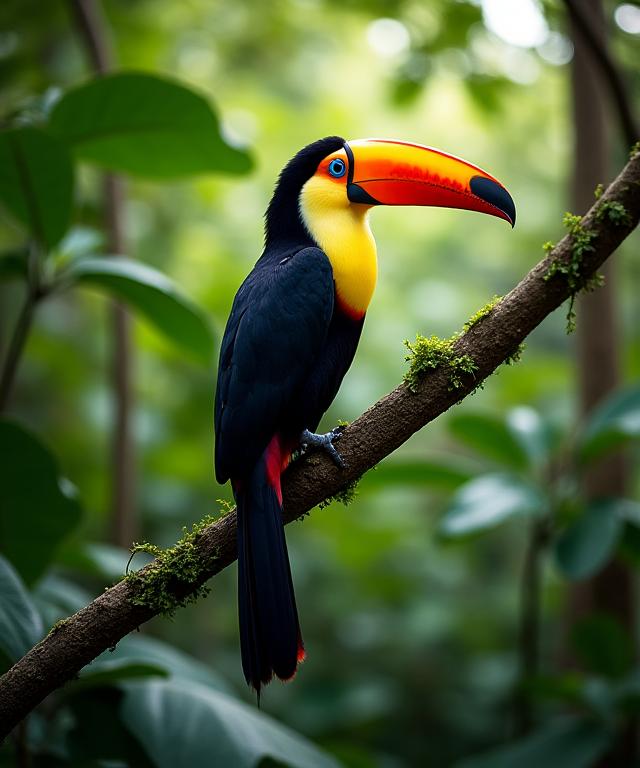 Lush green rainforest in Costa Rica with a toucan on a branch.